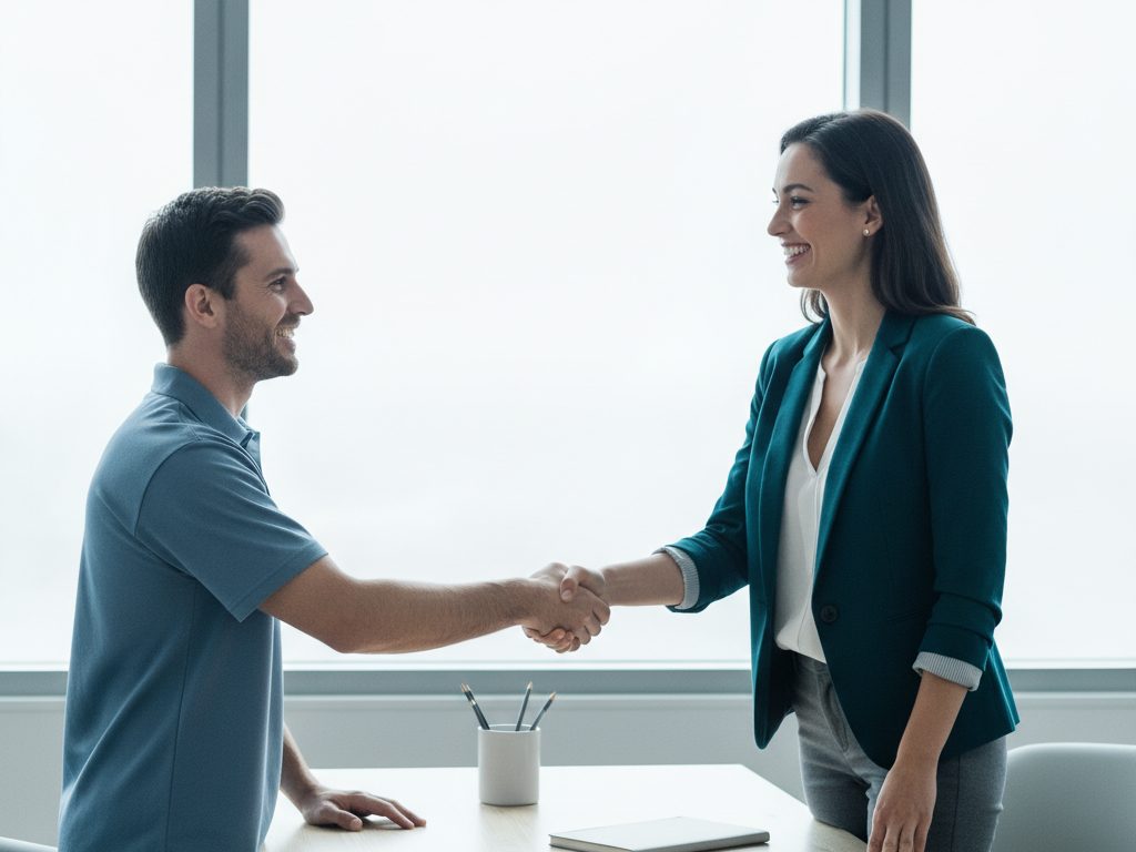 Two people shaking hands across a desk